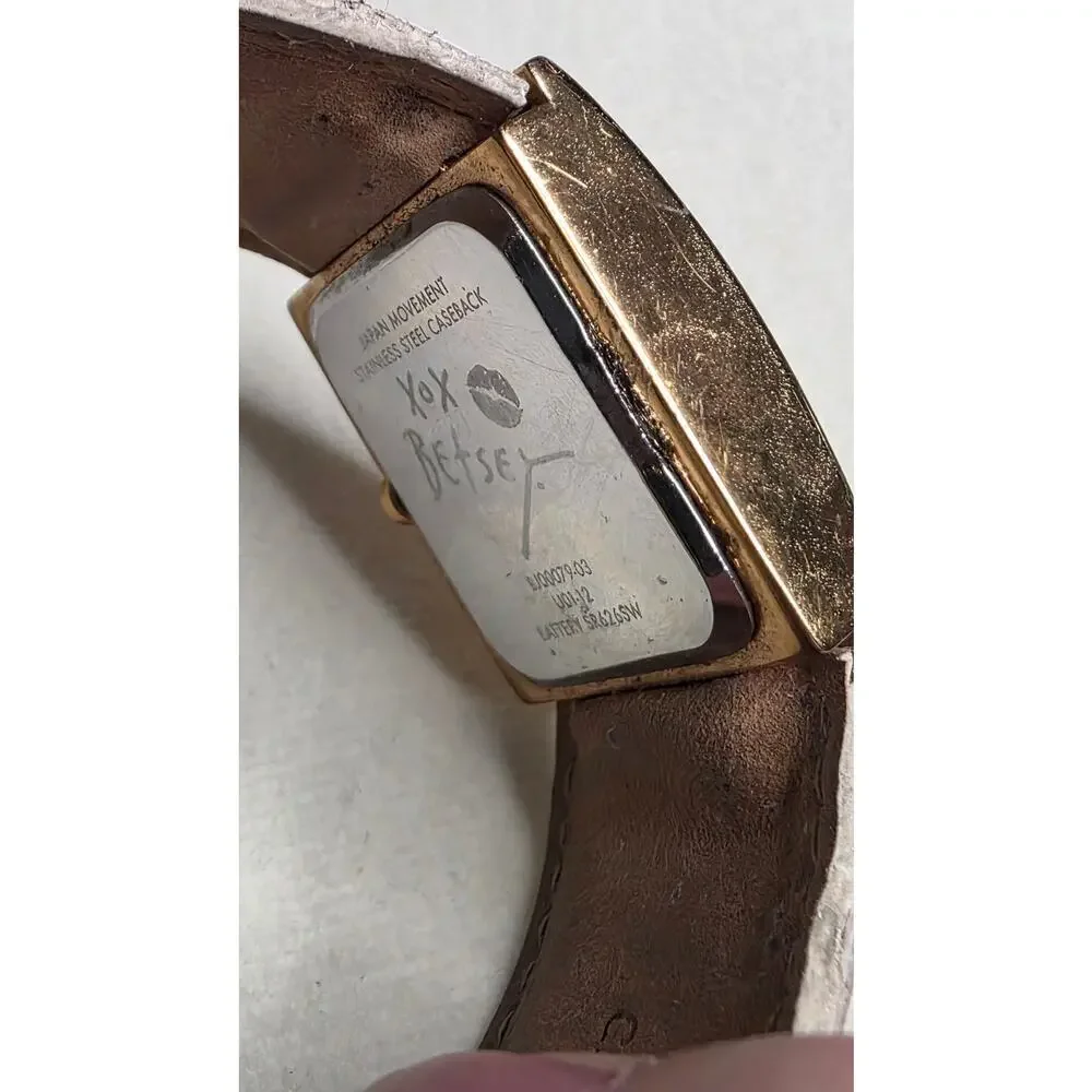 Betsey Johnson Cuff Watch Quilted Leather White Gold Mother of Pearl Dial
